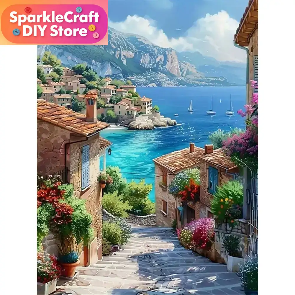 Embroidery Uae - 1pc frameless Diamond Painting Street Seaside