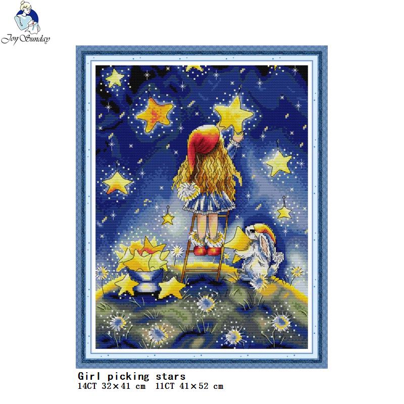 Embroidery Vs Cross Stitch - Girl Picking Stars DIY Hand Counted